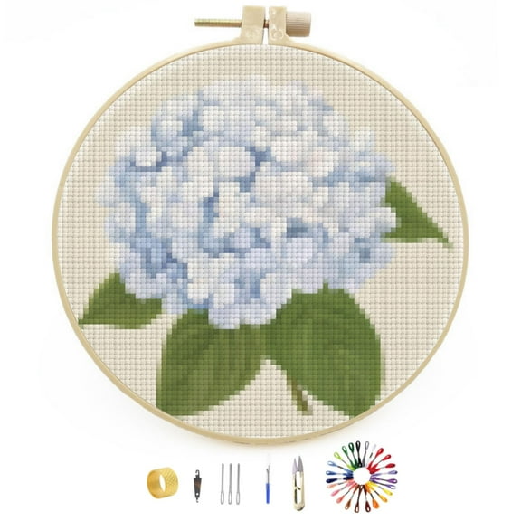 Beautiful Hydrangea Flower Easy Stamped Cross Stitch Kits for Beginners with Hoop Simple Patterns 11CT Counted Embroidery Needlepoint Crafts Arts for DIY Enthusiasts and Home Decor 26x26cm(3)