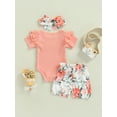 thumbnail image 5 of Newborn Baby Girl Outfit Clothes Auntie's Bestie Rib Knit Onesie Romper Floral Shorts Headband 3pcs Summer Set 3M 6M 12M 18M, 5 of 9