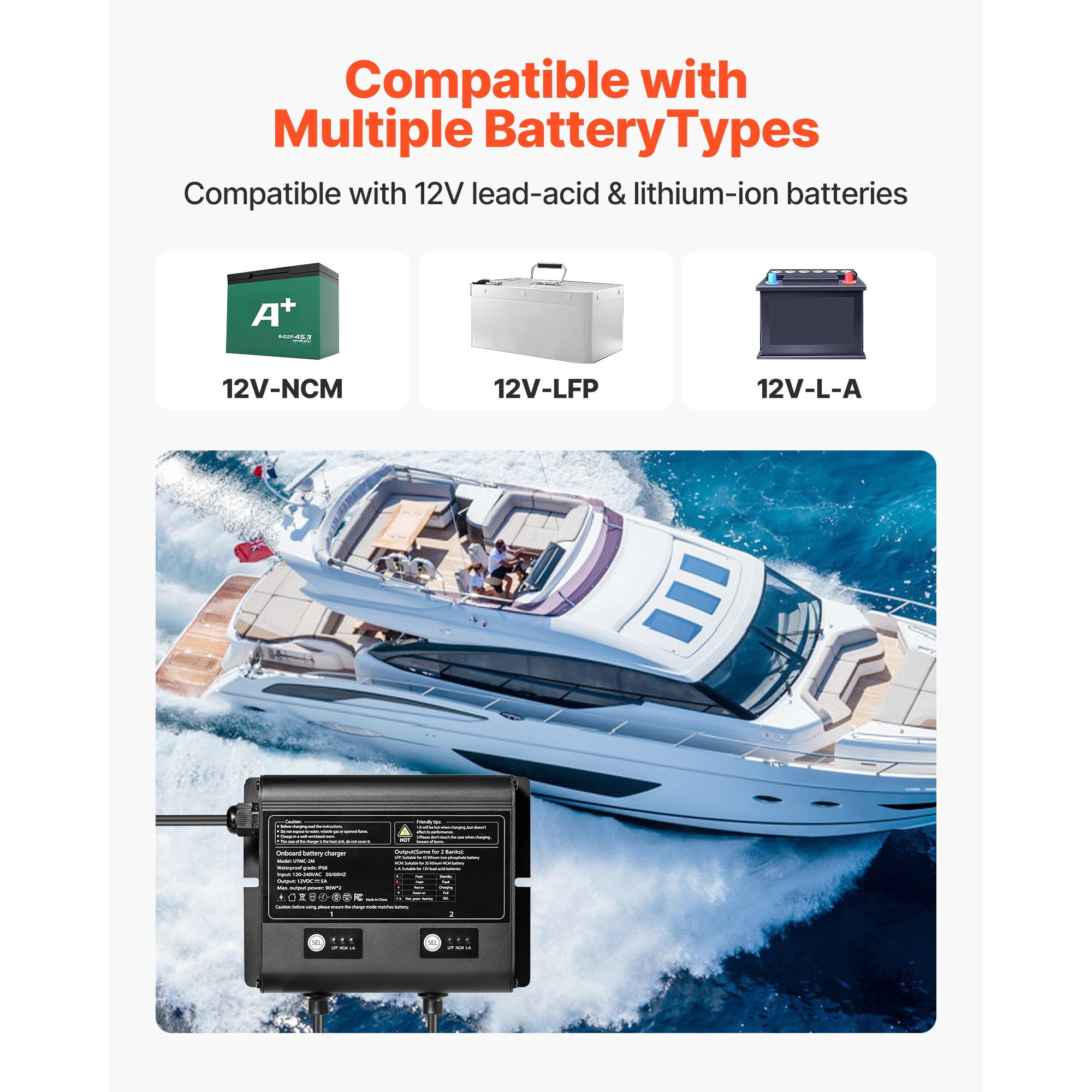 KFFKFF Marine Battery Charger, 2-Bank, 5A 12V Onboard Charger, IP68 Waterproof Smart Charger for Lithium-Ion (LiFePO4), NCM, Lead-Acid Batteries, Compatible with Boats, Yachts, RVs, and Trailers