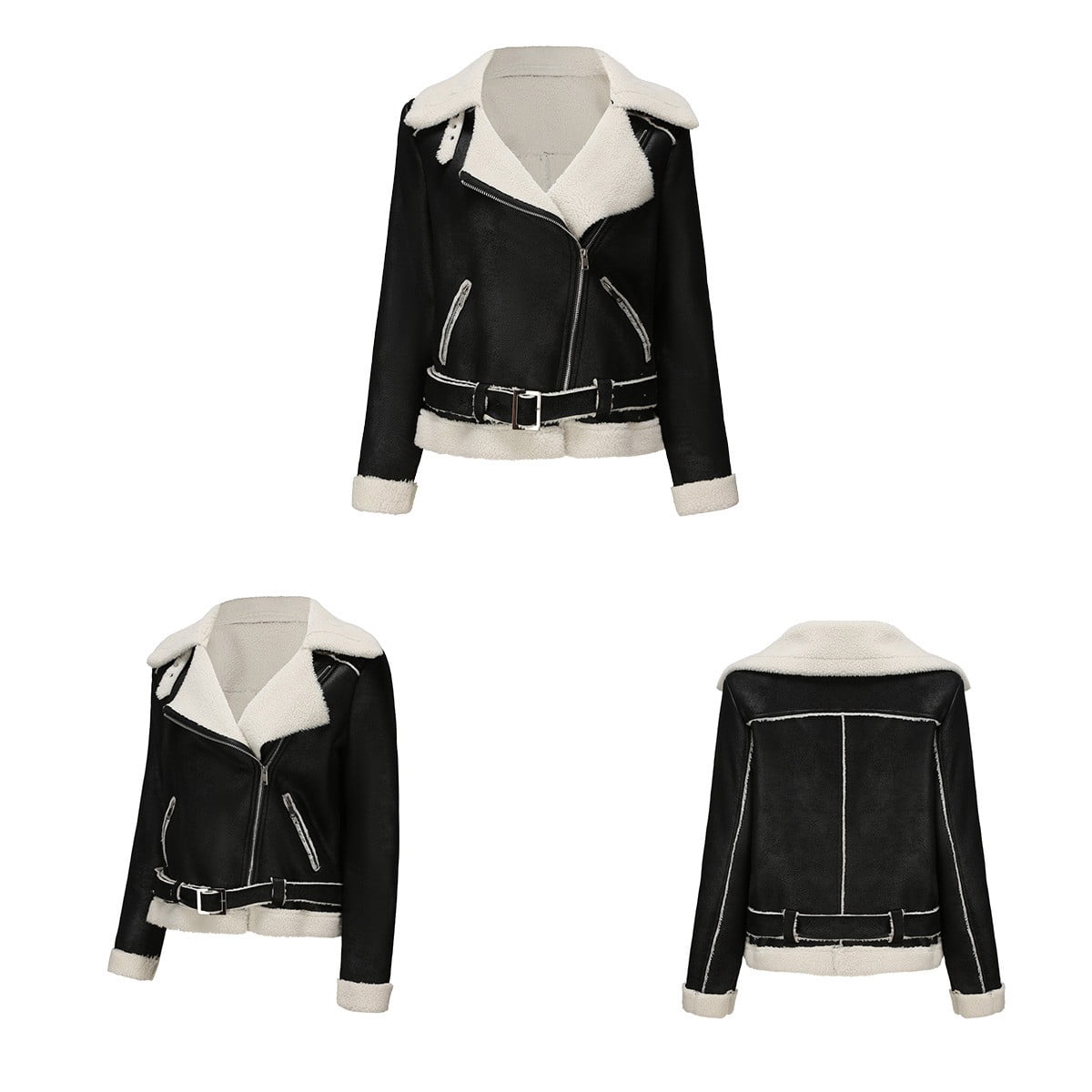 Usmixi Winter Faux Leather Jacket for Women Womens Suede Jacket Plus Size Fashion Side Zip Fuzzy Fleece Coats Casual Solid Pocket Bomber Outwear with Belt Faux Leather Jacket