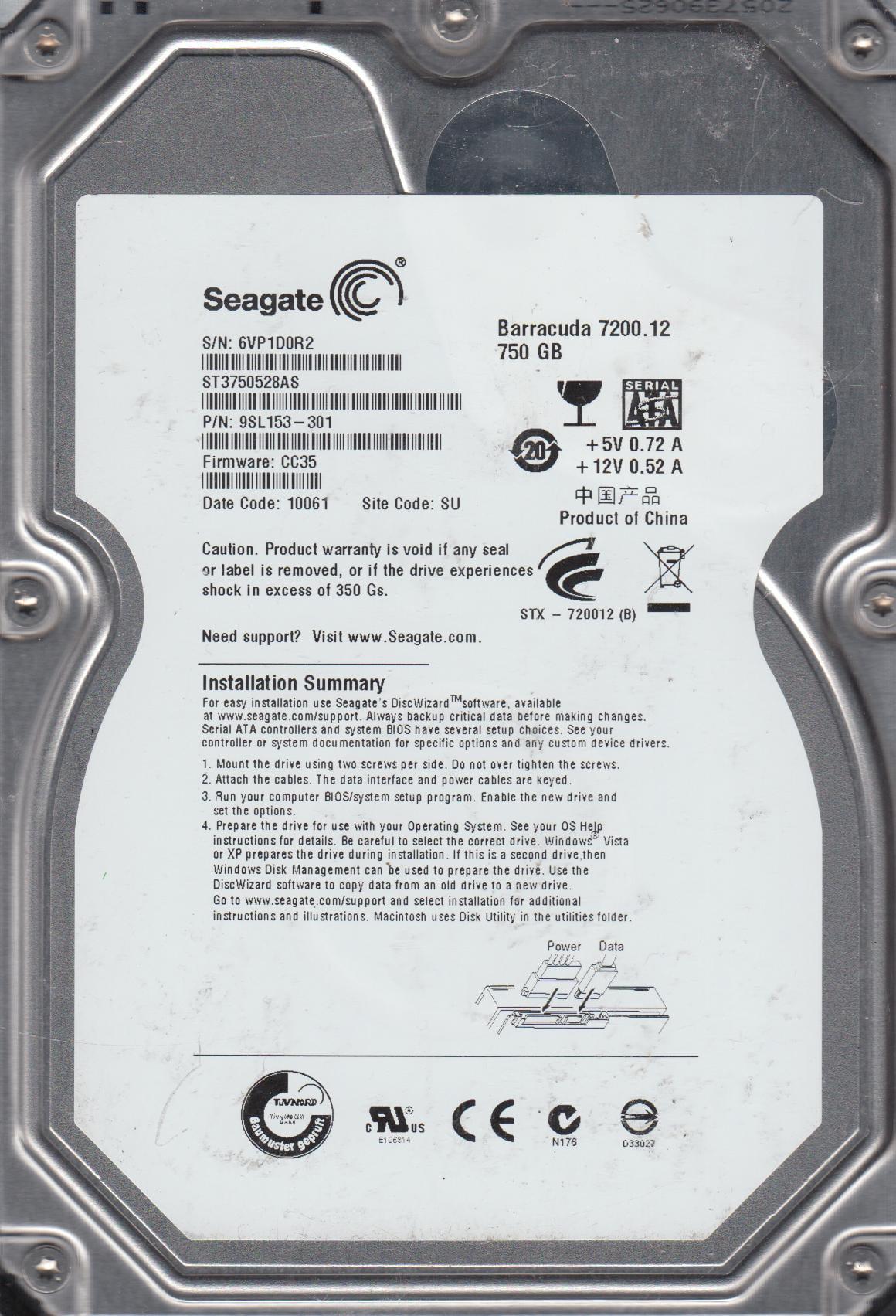 FW CC35 SU 6VP PN 9SL153-301 Seagate 750GB SATA 3.5 Hard Drive ST3750528AS