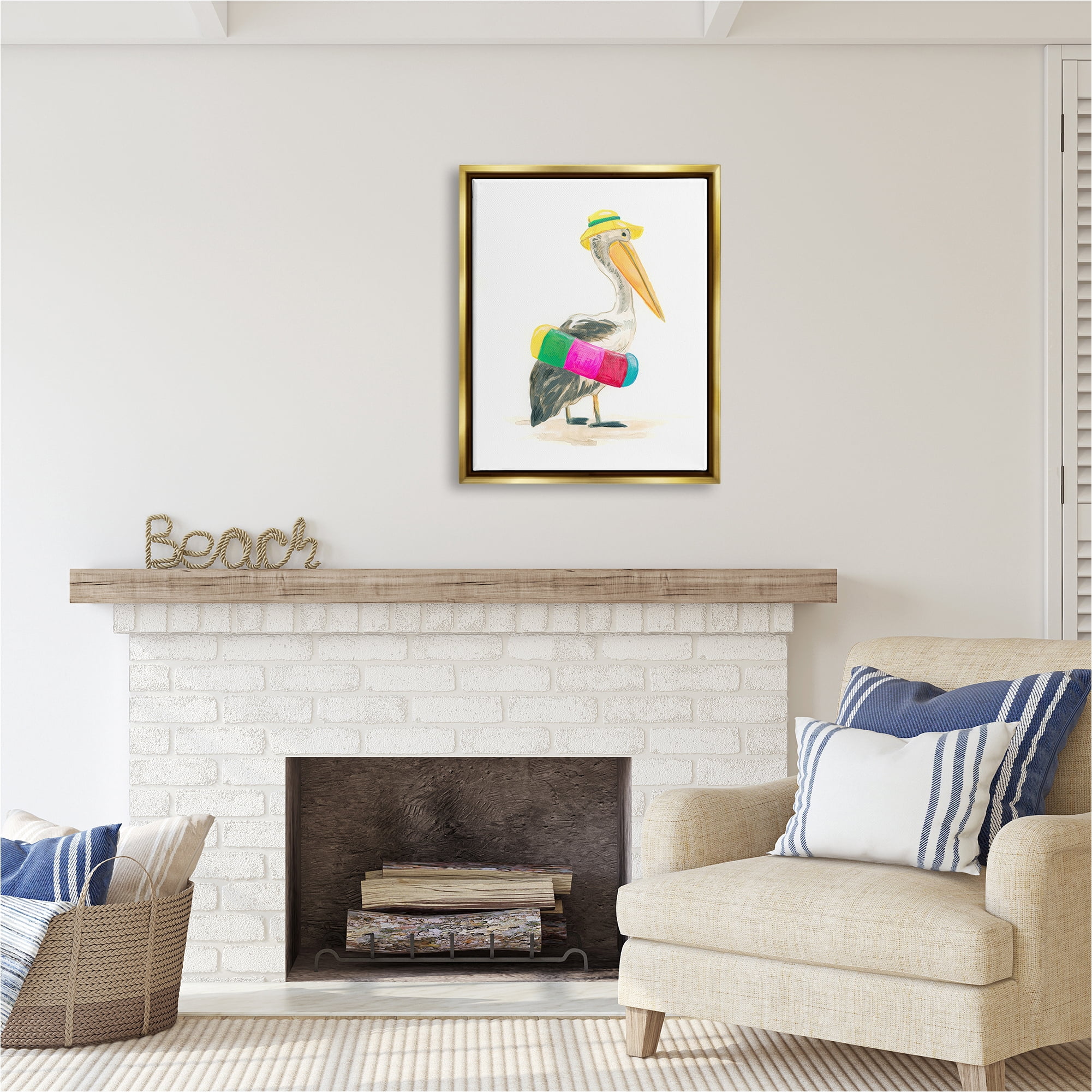 Stupell Industries Pelican & Beach Tube Animals & Insects Painting Gold Floater Framed Canvas Art Print Wall Art, 25 x 31