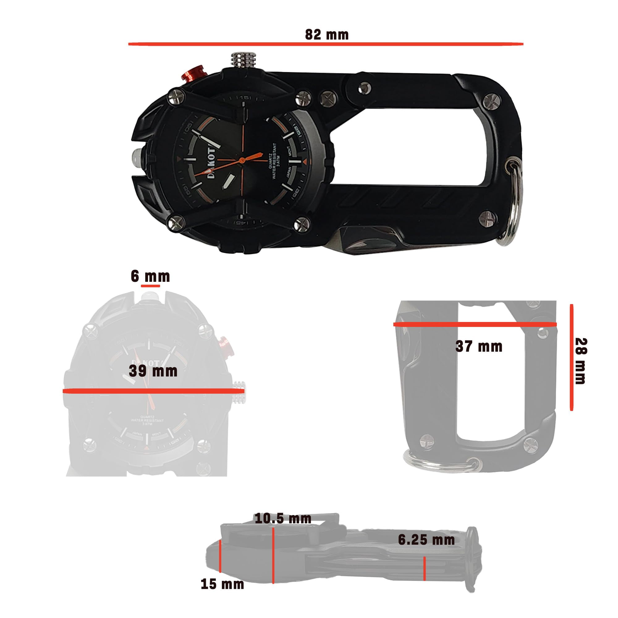 Multitool Clip Watch for Men – Black | 100ft Water Resistant Clip-On Watch with LED Light, Bottle Opener, Screwdriver & Carabiner – Outdoor Work, Camping, Hiking Tool