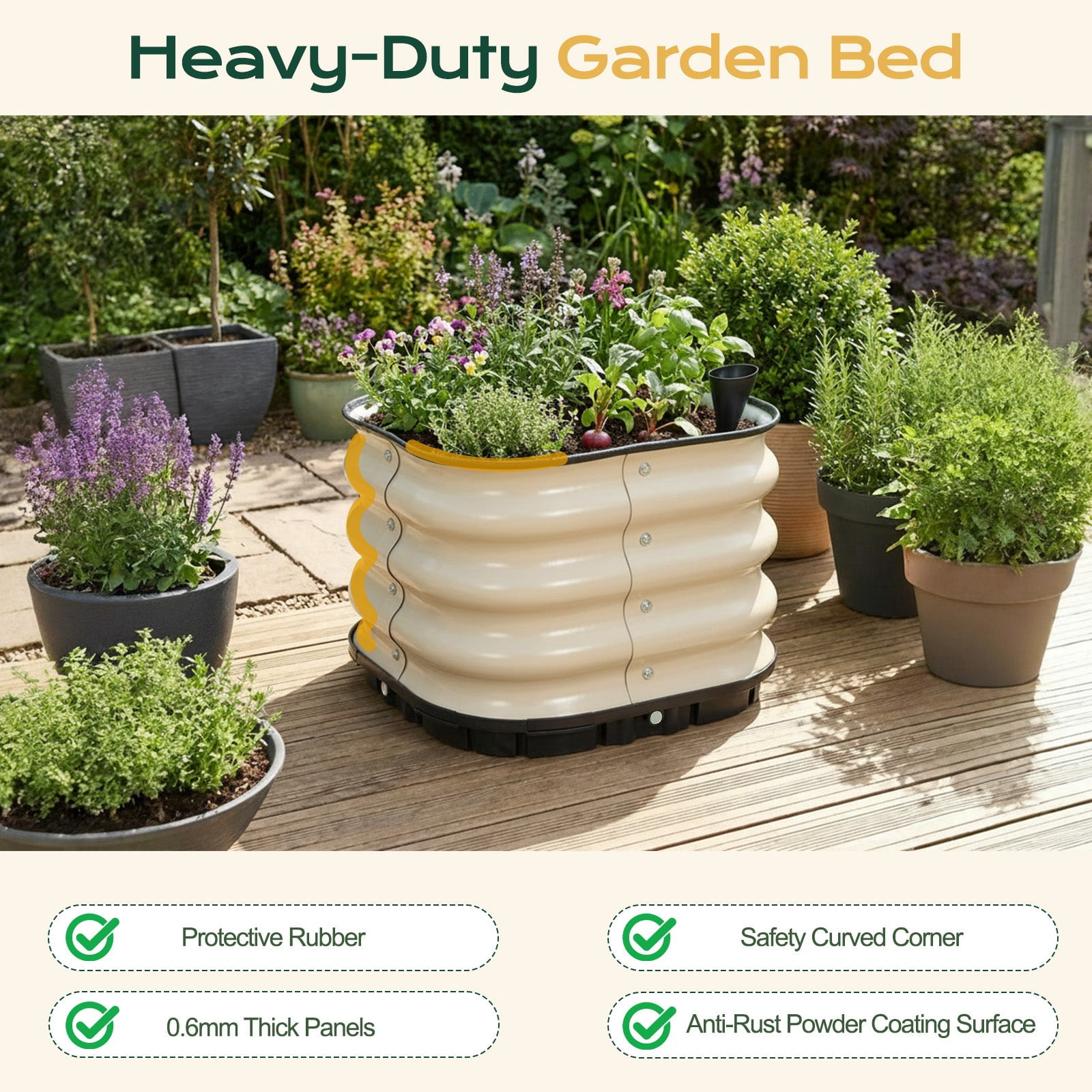 Aoodor 16.5" Galvanized Self-Watering Raised Garden Bed with Drainage-Beige