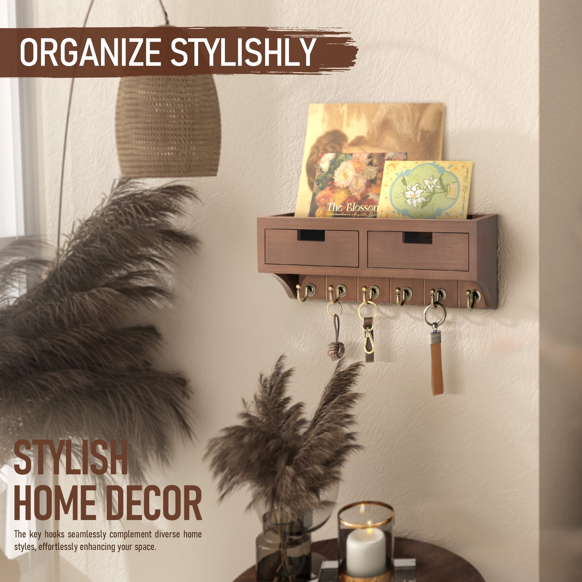 Rebee Vision Key Holder Wall Mount with 2 Drawer Organizer - Decorative Mail Organizer with 6 Key Hooks & Shelf (Brown, 14inch)