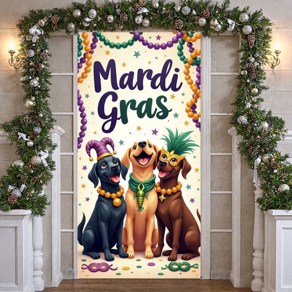 Black Design Mardi Gras Banner Gold Crown Accent Carnival Display Purple Green Color Jester Mask Pattern Festive Backdrop for Mardi Gras Party Carnival Celebration Indoor Decoration