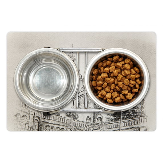 Charcoal Pet Mat for Food and Water, Artwork of Structure Drawn Medieval European, Non-Slip Rubber Mat for Dogs and Cats, 18" X 12", by Ambesonne