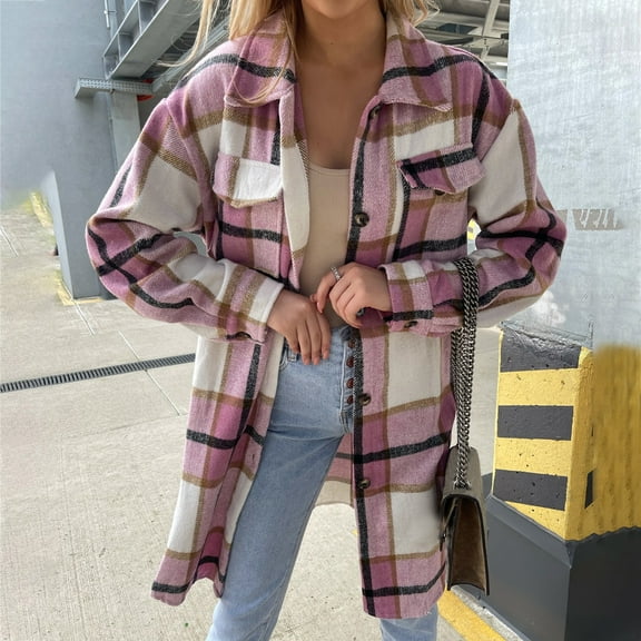 PEONAVET Womens Tops Women's Casual Lapel Button Down Long Plaid Shirt Coat Tartan Shacket Jacket Womens Fall Fashion 2022