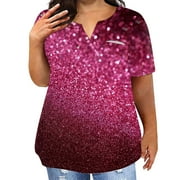 Huresd Women Plus Size Tops Casual Shirt for Work Office Work Shirts Striped Print Women's Summer Round Neck Blouses Hot Pink 5XL