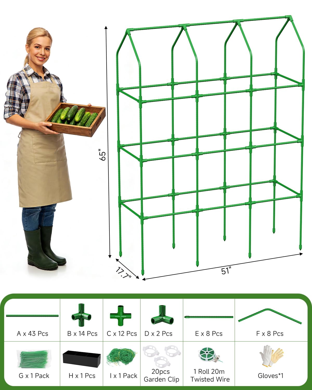 Cucumber Trellis For Climbing Plants Outdoor  A-shape Garden Raised Bed Metal Plant With Netting Flower Vegetables Pea Grape (50 * 17 65inch(l*w*h)