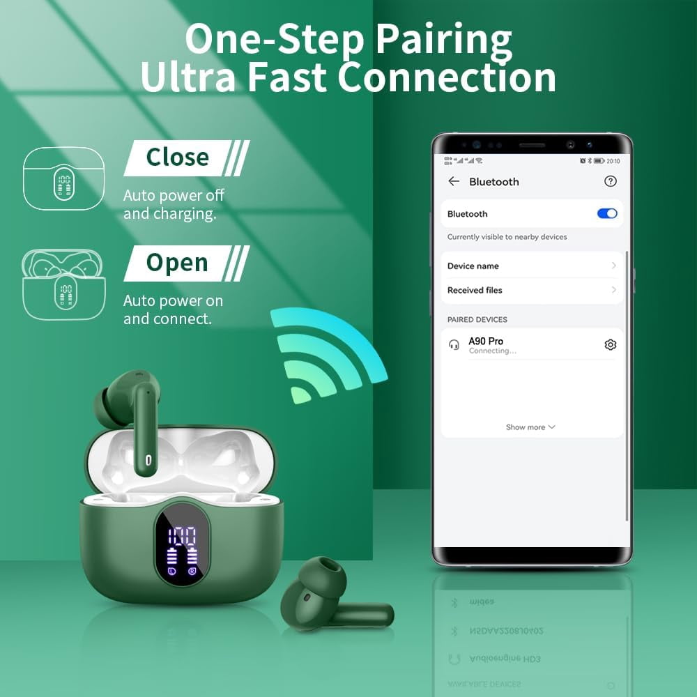 Wireless Earbuds, Bluetooth Headphones 5.4 HiFi Stereo, Wireless Earphones with ENC Noise Cancelling Mic, IP7 Waterproof in Ear Wireless Headphones, LED Digital Display Ear Buds, Touch Control, green