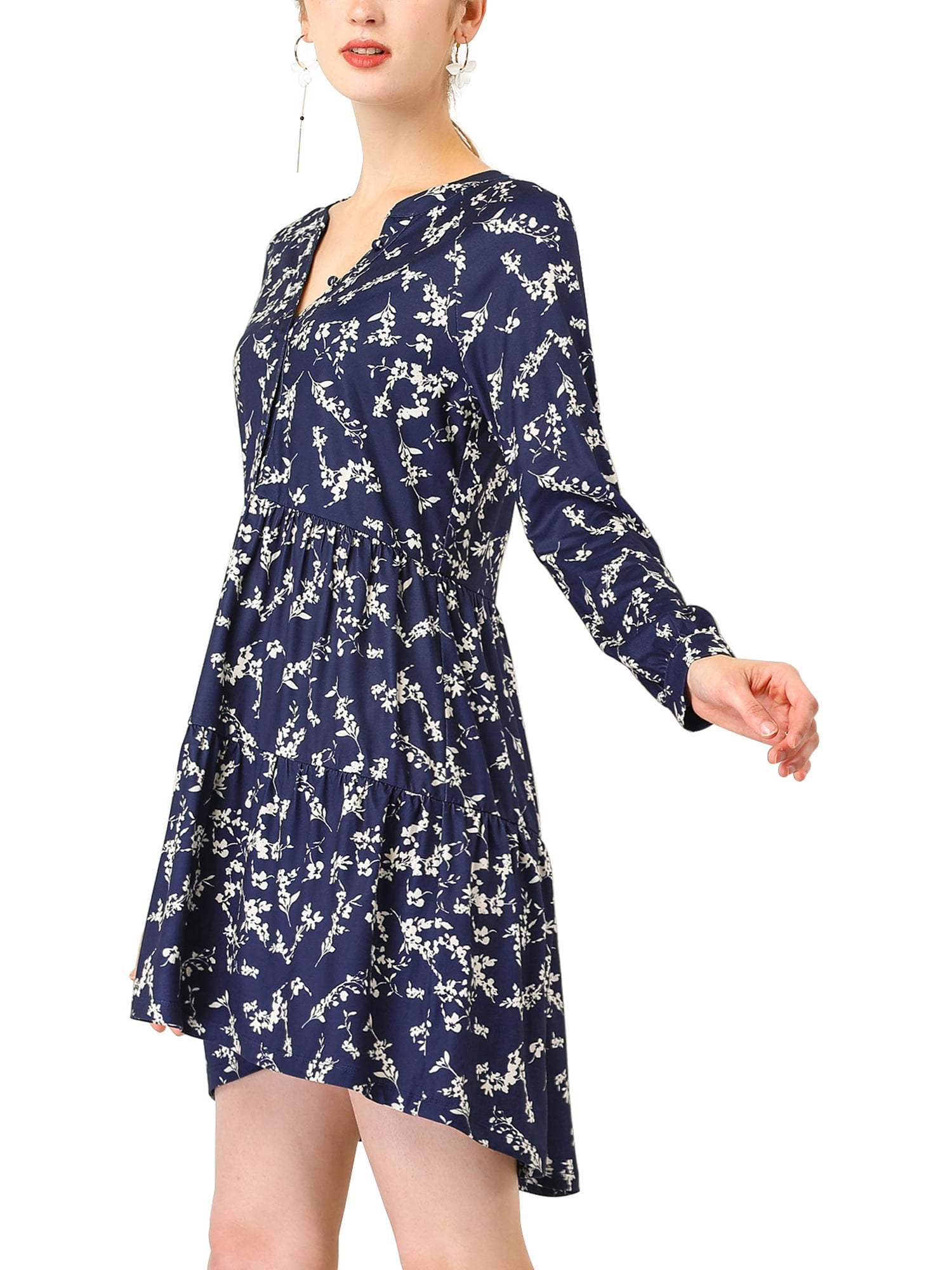 Unique Bargains Women's Floral V Neck Cinched Waist Long Sleeve Dress M  Navy Blue - Walmart.com