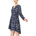 thumbnail image 4 of Unique Bargains Women's Floral V Neck Cinched Waist Long Sleeve Dress L Navy Blue, 4 of 6