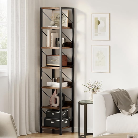 Eastvita Brown Rustic 6-Tier Standing Narrow Tall Skinny Metal Frame Bookshelf Industrial Display Rack for Bedroom Living Room Home Office