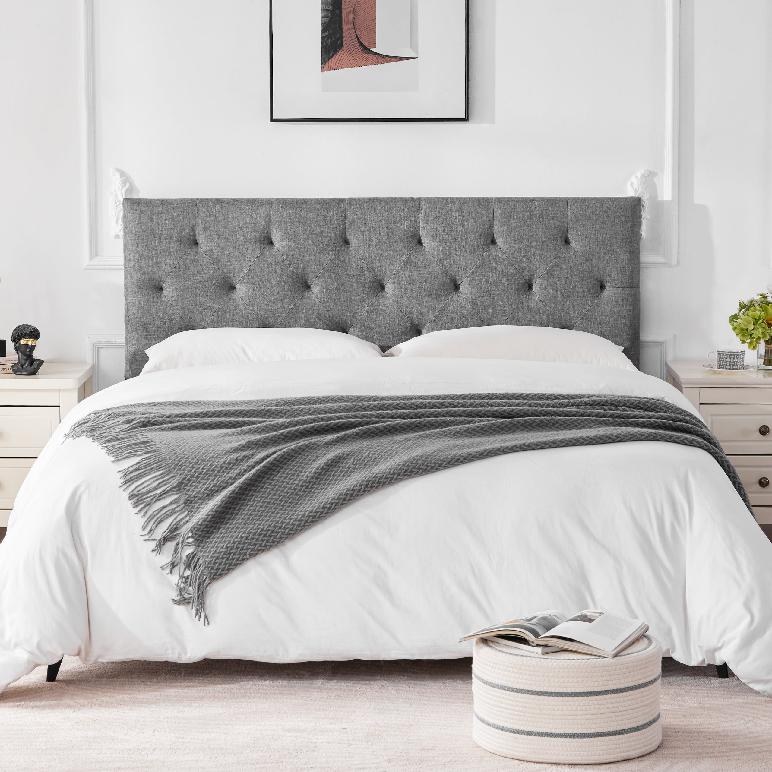 Weture Linen Upholstered Full Headboard, Modern Panel, Light Grey