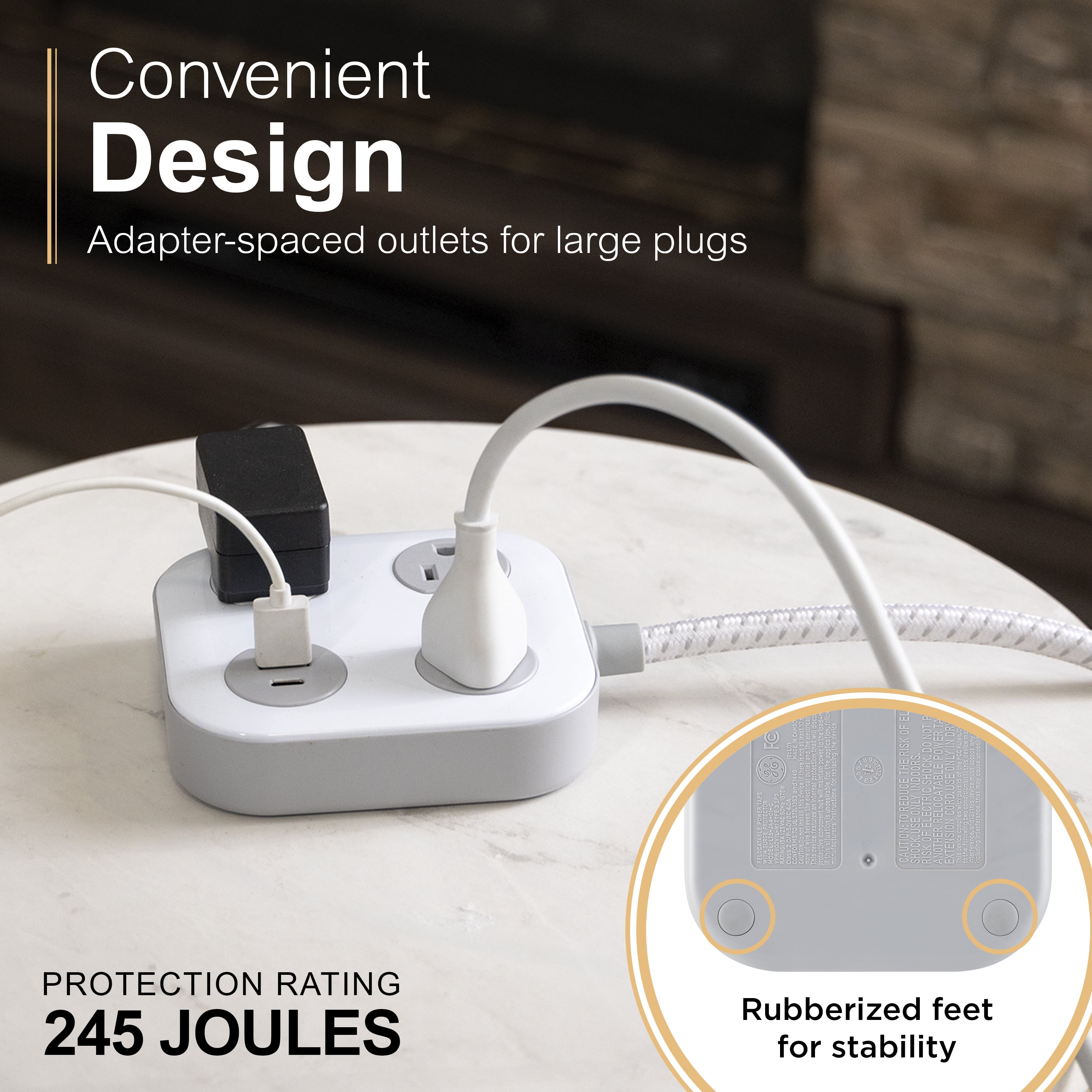 GE 3 Outlet Surge Protector Power Strip with USB‑A and USB‑C, 245 Joules, 4ft Braided Cord