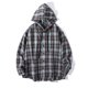 thumbnail image 1 of Blusa de manga larga con capucha para hombre, estilo holgado, a cuadros, con botones y cordón ajustable, de poliéster., 1 of 4