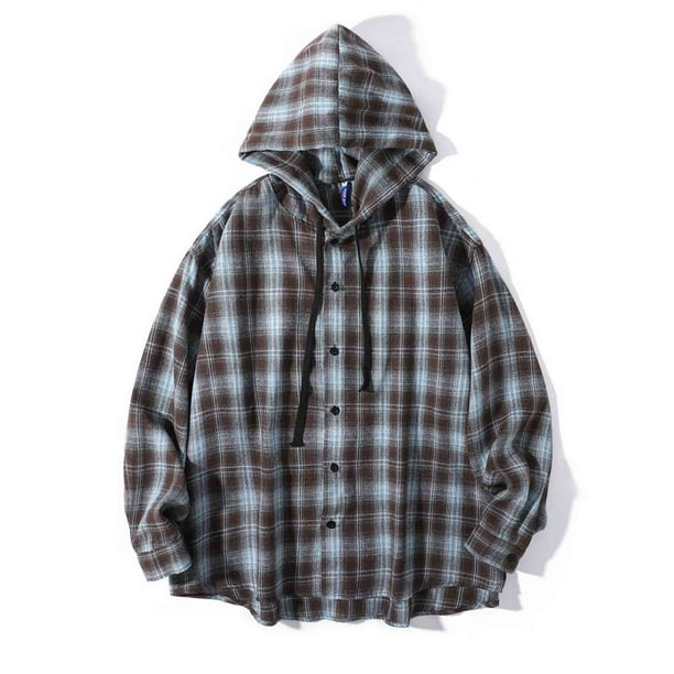 Blusa de manga larga con capucha para hombre, estilo holgado, a cuadros, con botones y cordón ajustable, de poliéster.