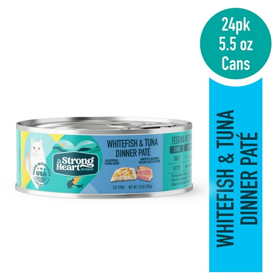 A Strong Heart Canned Wet Cat Food, Whitefish & Tuna Dinner Paté - 5.5 oz Cans (Pack of 24), Made in The USA with Real Ocean Whitefish & Tuna