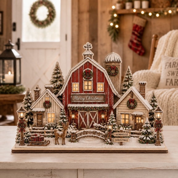 Christmas Wooden Block Decor Farmhouse Barn Scene Wood Tabletop Display for Rustic Holiday Homes