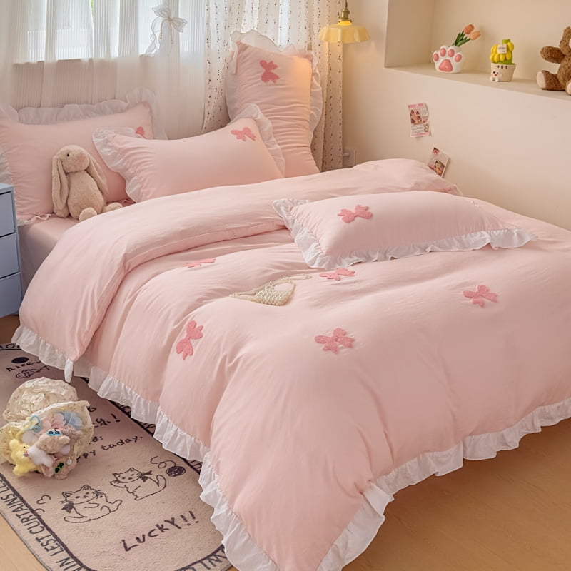 Ruffle Duvet Cover Twin Size 3 Pieces Pink Bow Duvet Cover Set Chic Textured Comforter Cover for All Season Cute Bedding Set with Zipper 2 Pillow Shams for Kids Girls Adult
