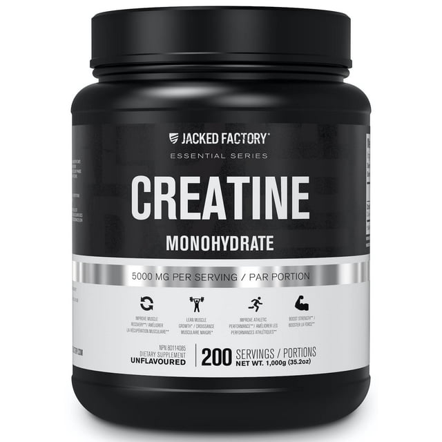 Jacked Factory Creatine Monohydrate Powder 1000g - Canadian-Owned Informed Choice Certified Supplement for Increased Muscle Mass*, Improved Strength, Power, & Performance** - 200 Servings, Unflavored