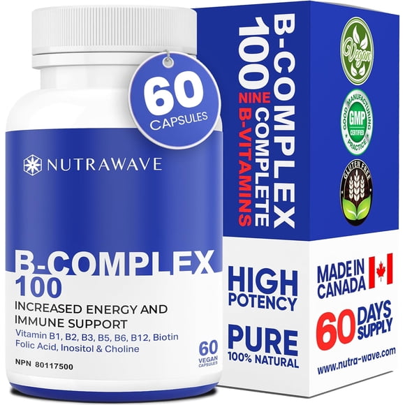 Nutrawave B-Complex 100 Haute Puissance – Énergie et Soutien du Métabolisme, B1–B12 Complet + Biotine et Folate, 60 Capsules Véganes, non-OGM, Sans Gluten, Fabriqué au Canada