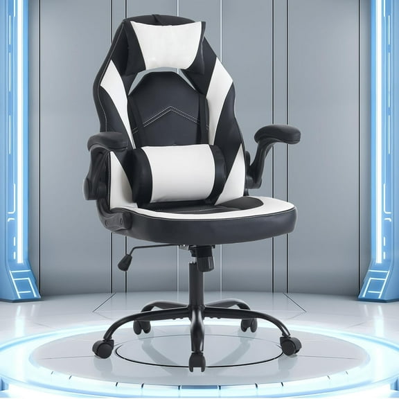 Computer Gaming Desk Chair - Ergonomic Video Game with Comfy Lumbar Support and headrest, PU Leather with Flip-up Arms, Adjustable Height and Swivel Wheels, for Adults, Black
