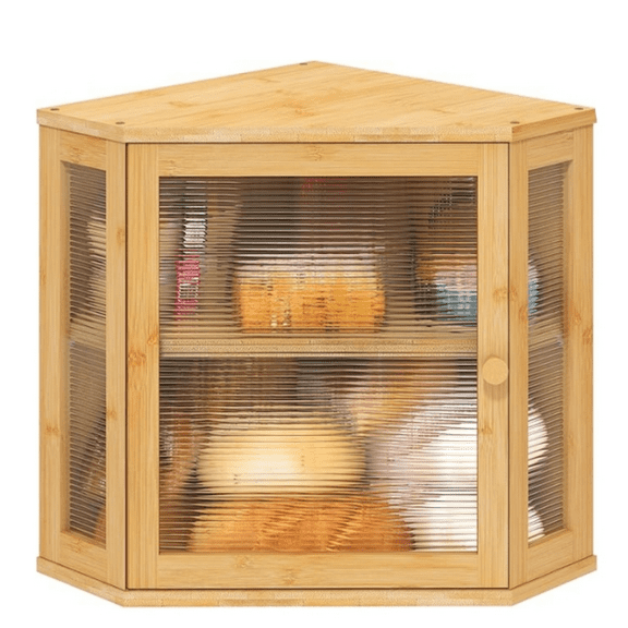 Corner Bread Box for Kitchen Counter, Bamboo Wood Large Capacity Bread Storage Bin with Acrylic Wavy Door Panel