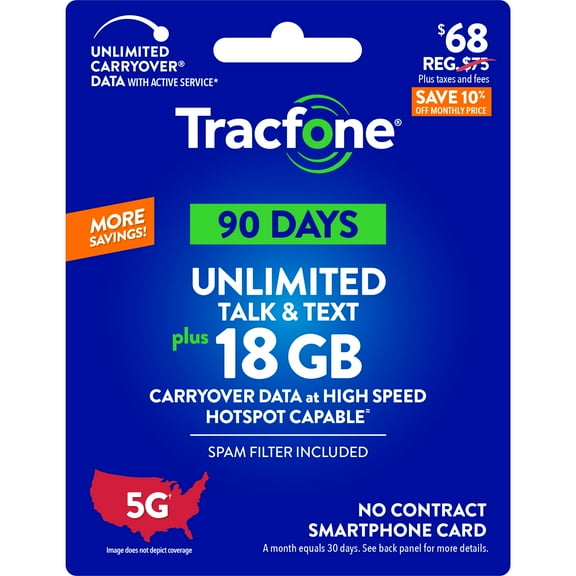 Tracfone $68 Unlimited Talk & Text plus 18 GB of Data 90-Day - Prepaid Plan Direct Top Up