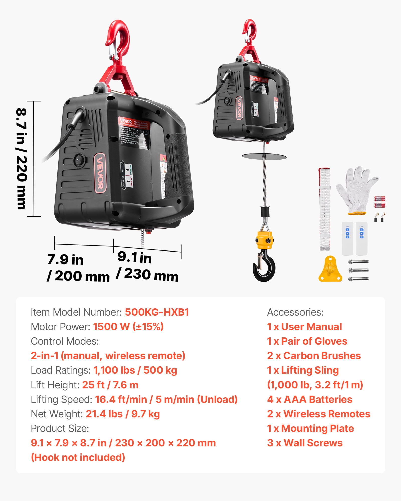 VEVOR 2-in-1 Electric Hoist Winch, 1100 lbs Capacity, 1500W Portable Power Winch Crane, 25 ft Lifting Height, 16.4 ft/min with Manual and Wireless Remote Control for Factory, Warehouss, Garage