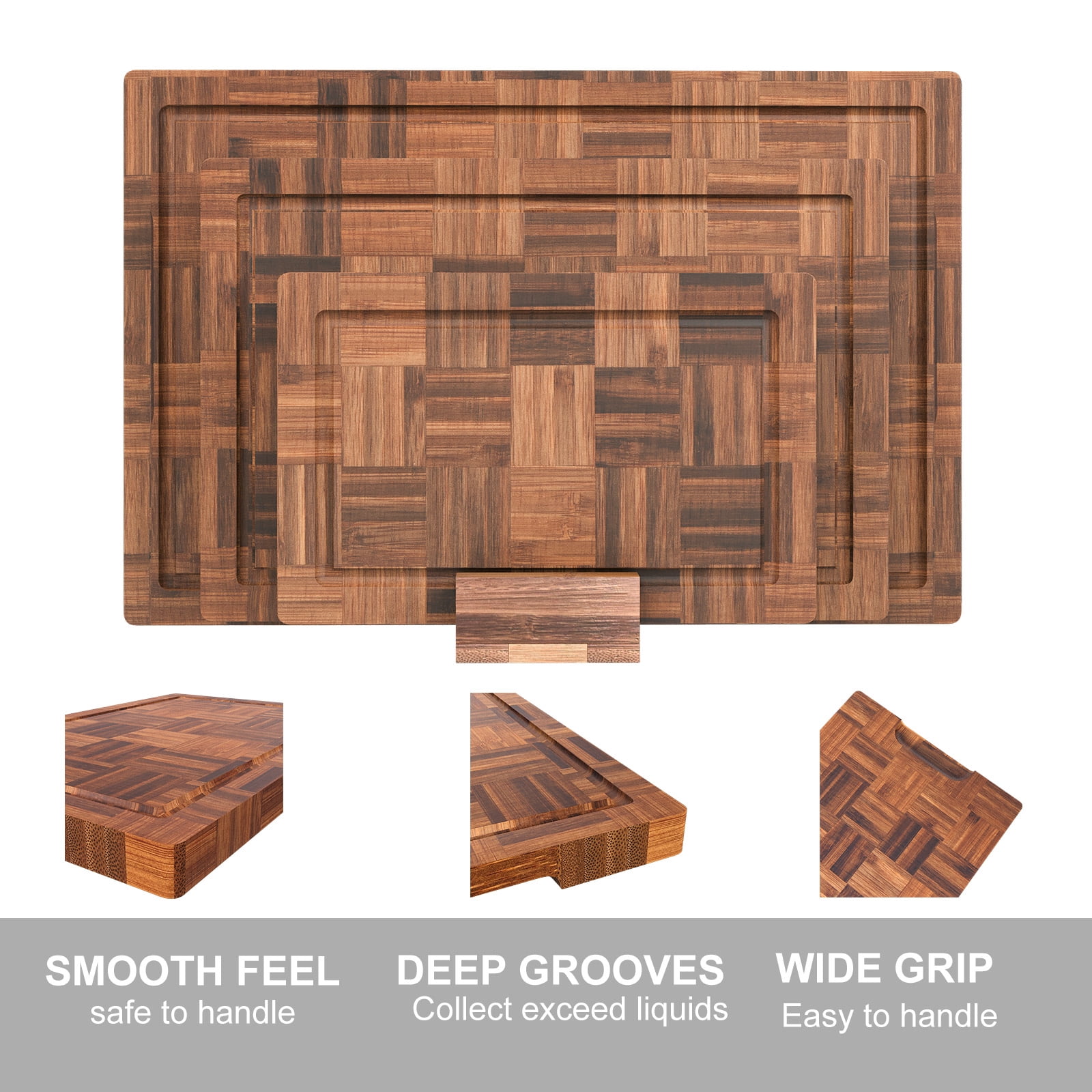 Bamboo Cutting Boards for Kitchen(Set of 3),Chopping Boards with Juice Groove,End Grain Bamboo Butcher Block,Serving Board with Holder
