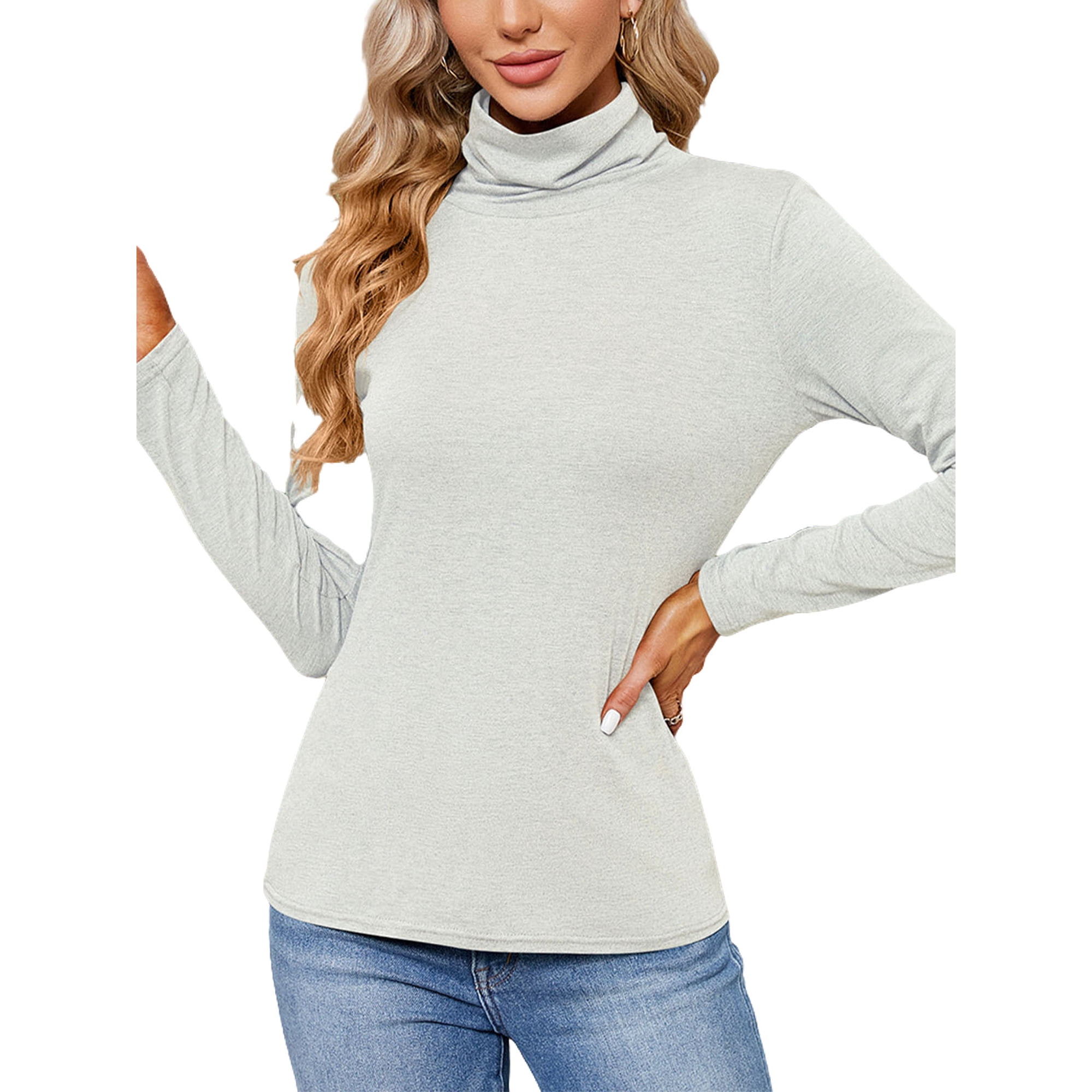 Bellella Women Shirts High Neck Tops Turtleneck Pullover Solid Color Long Sleeve T Shirt Ladies Basic White L