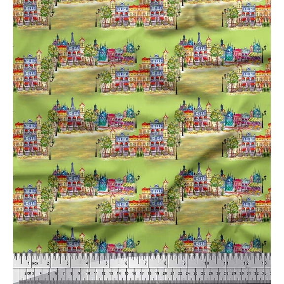 Soimoi Green Georgette Viscose Fabric Landscape & City Digital Fabric Prints By Yard 42 Inch Wide
