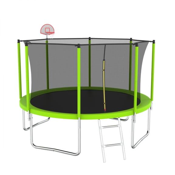 12FT Trampoline for Kids & Adults - Basketball Hoop with Ball, Recreational Trampoline with Safety Enclosure for Backyard Outdoor,Green
