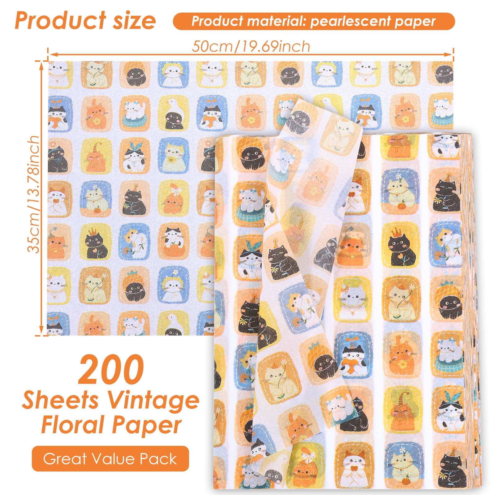 Atopoler 200 Sheet Cartoon Tissue Paper,Cute Animal Floral Preasent Wrap Tissue Paper for Wrapping Crafting Packing,20 x 14 inches,Orange Color