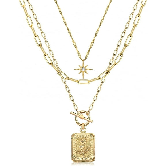 Layered Necklaces For Women Trendy, 14K Gold Plated Simple Star Choker Square Flower Pendant Necklace, Paperclip Chain Necklace, Gold Necklaces Jewelry Gifts[o2939]
