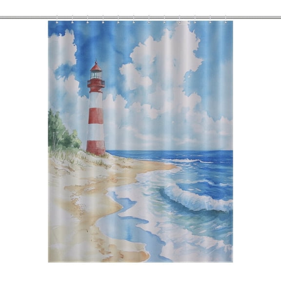 Sunset Lighthouse Shower Curtain , Enchanted Forest Scenic Bathroom Decor Sets, Waterproof Fabric with Hooks