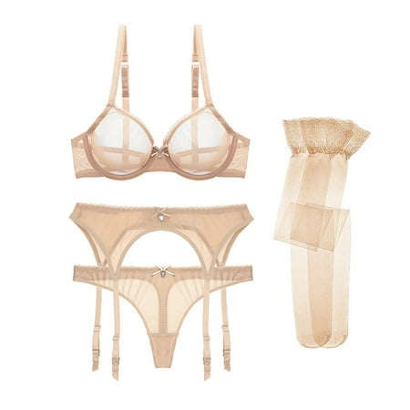 

Varsbaby Women s Mesh Bra Garter Belt and Stockings Lingerie Set