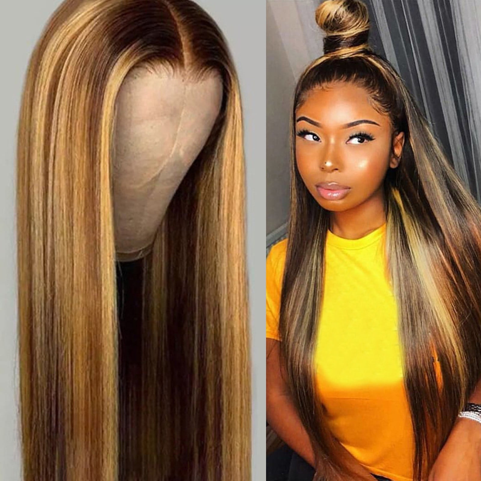 Women's Long Straight With Pre-Plucked Hair line Brown Human Hair Straight Wig