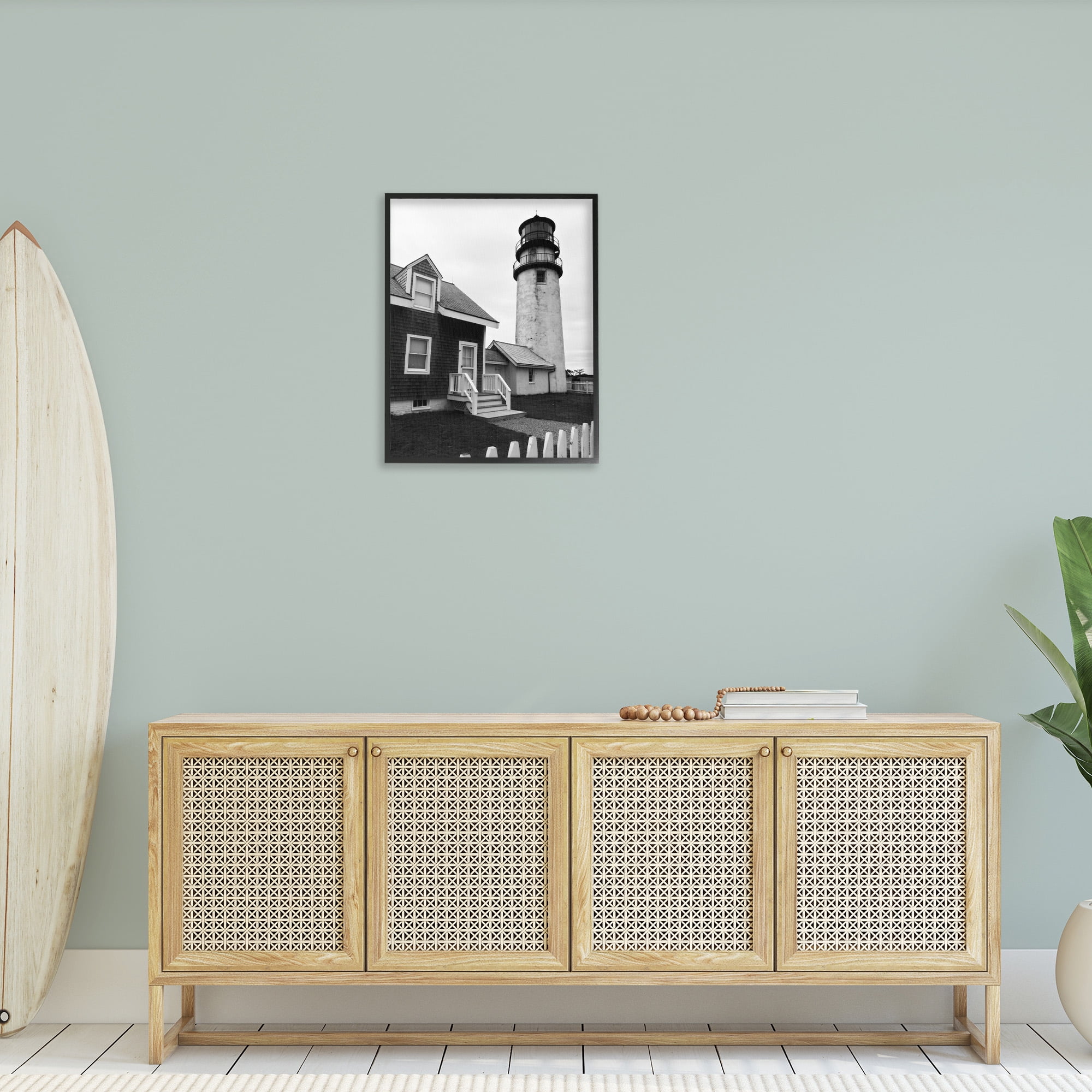 Stupell Industries Coastal Lighthouse with Fence Nature Photography Black Framed Art Print Wall Art, 24 x 30