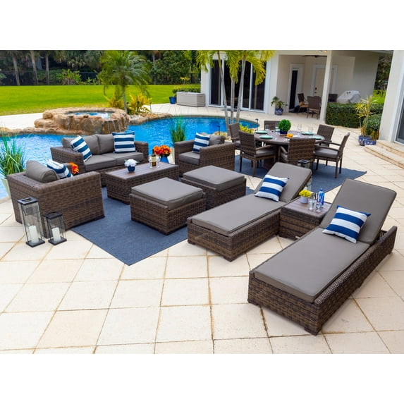 Tuscany 16-Piece Resin Wicker Outdoor Furniture Combination Set with Loveseat Lounge Set, Round Dining Set, and Chaise Lounge Set (Half-Round Brown Wicker, Sunbrella Canvas Charcoal )