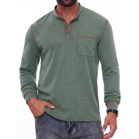 JWD Mens Long Sleeve Henley Shirt Casual Button Neck T Shirt with Chest Pocket Green L