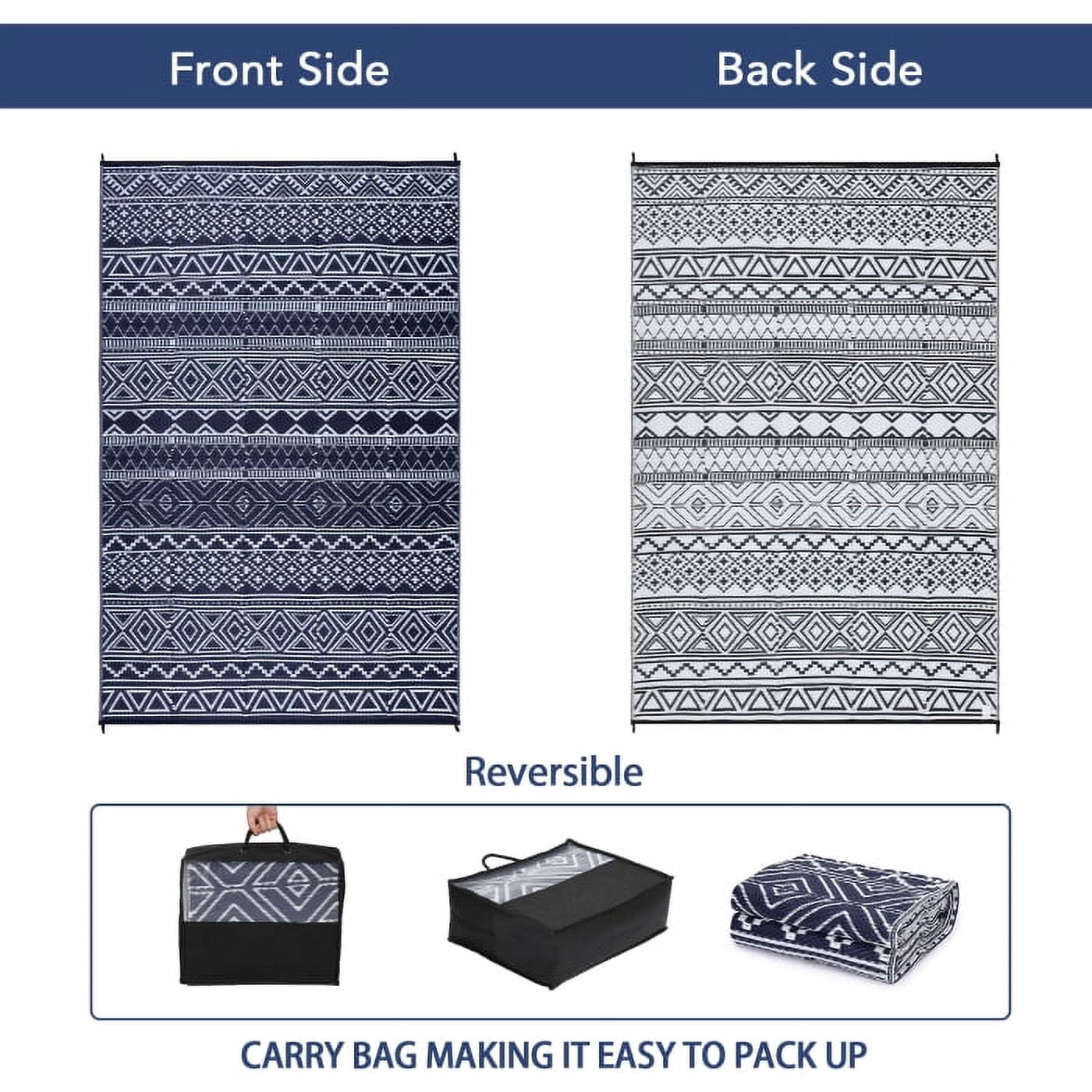 GlowSol 9' x 12' Outdoor Rug Plastic Patio Rug Woven Plastic Straw Waterproof Rug Boho Reversible Camper Rug for RV Backyard Deck Picnic Beach, Black Blue