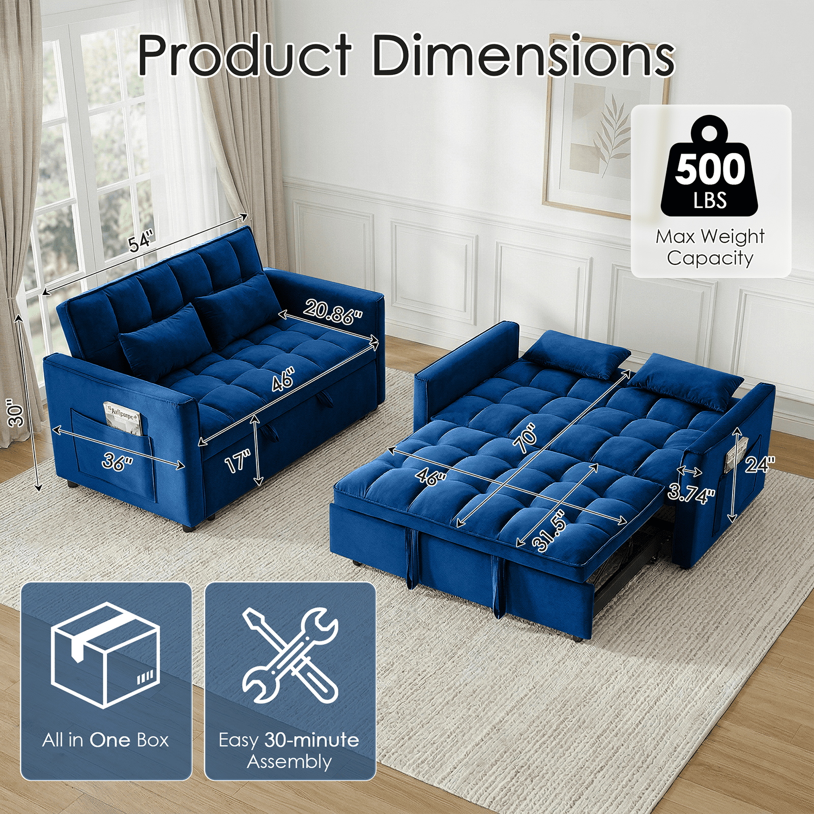Amuille 3 in 1 Convertible Sleeper Sofa Bed, 54" Velvet Fabric Loveseat, Pull Out Couch for Living Room and Apartment (Blue)