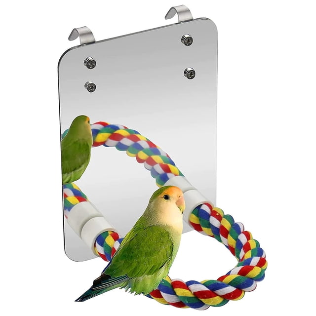 Espejo para pájaros con percha de cuerda, juguetes para pájaros, columpio, cómoda perca para grises, amazonas, periquitos, cacatúas, agapornis, pinzones, canarios