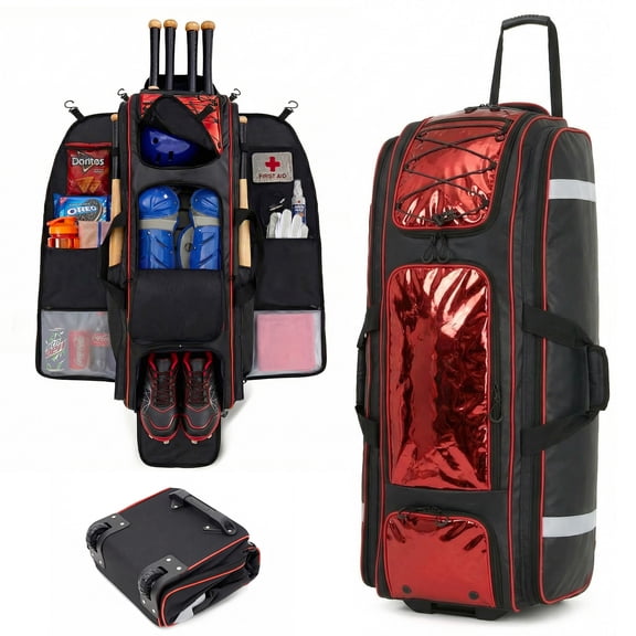 Fegat 100L Rolling Baseball Bag, Newly Catchers Gear Bag for Baseball Softball, Portable Waterproof Equipment Bag Holds 8 Bats, Stand-Up Base, Reflective Strip, Fence Hooks