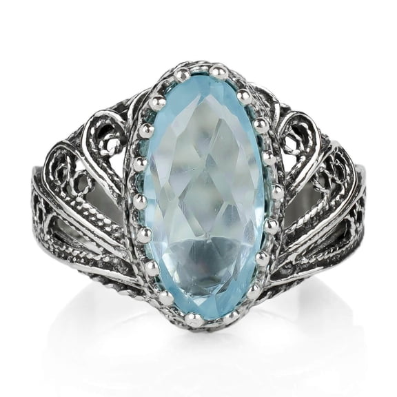 Filigree Art Blue Topaz Gemstone Angel Design Women Silver Cocktail Ring