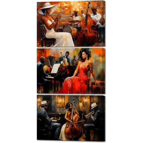Hieng Black Jazz Wall Art 3 Pieces Black Woman Playing Canvas Prints African American Pictures Music Themed Paintings for Musical Club Decor Unframed