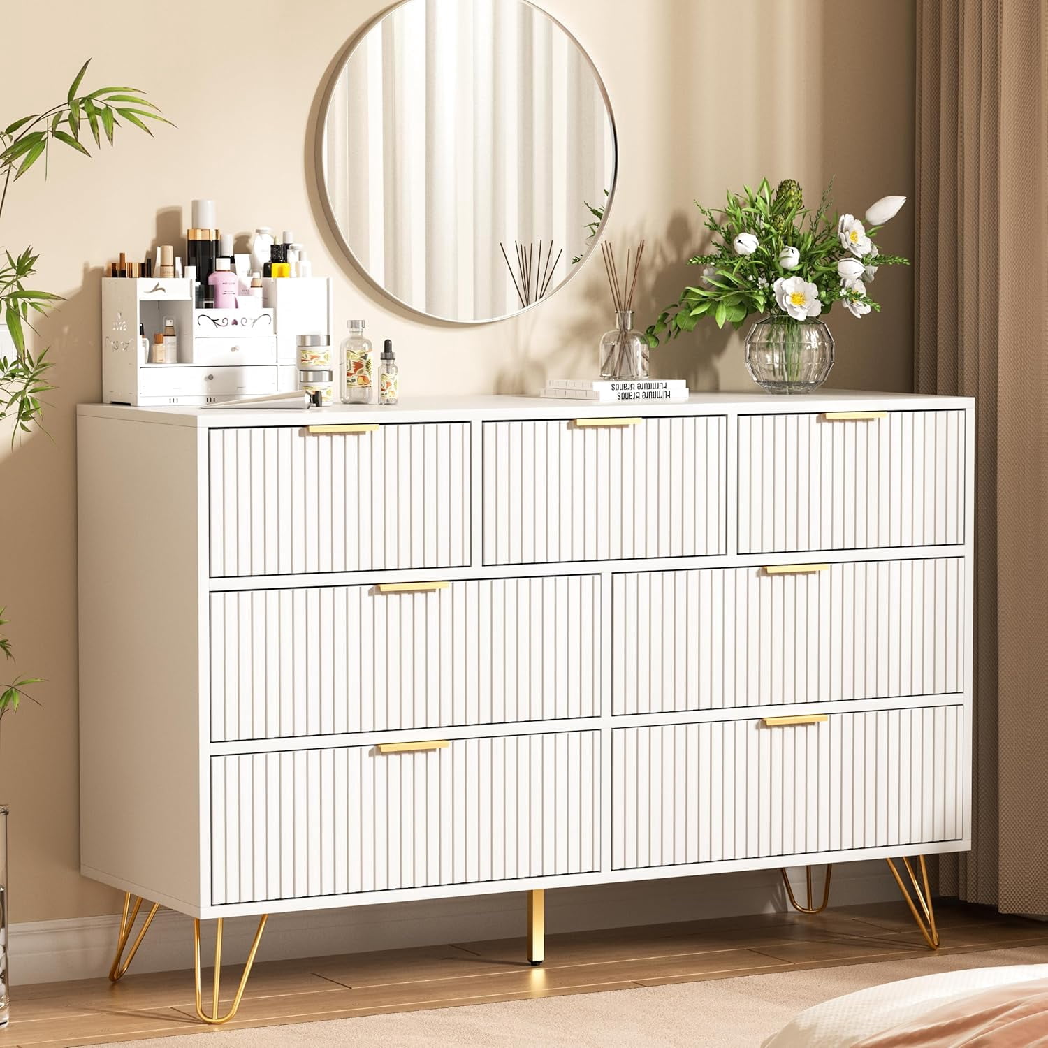 FURNIWAY Dresser for Bedroom, Fluted Modern Dresser with Gold Pulls and 7 Drawers,Fluted Wood TV Stand for Living Room, Hallwa,White